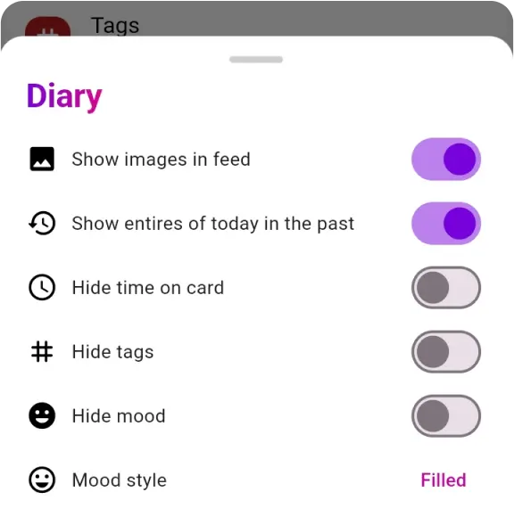 Feed display options in Purple Diary